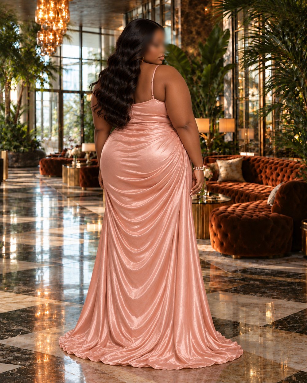Sasha from behind in a blush gown