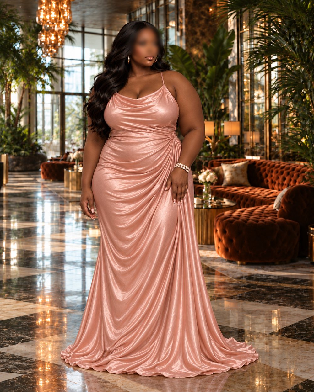 Sasha in a blush satin gown