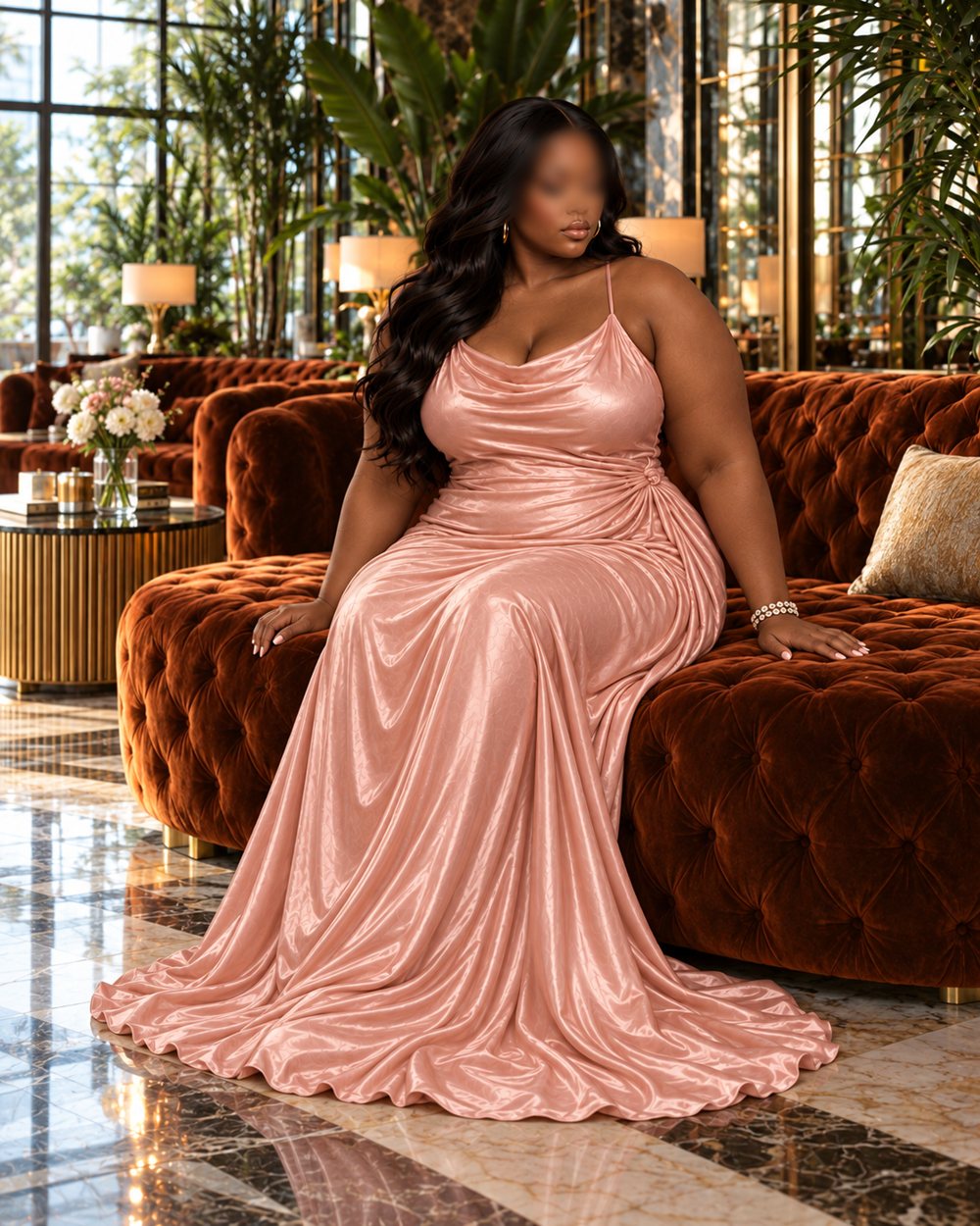 Sasha seated on a velvet sofa